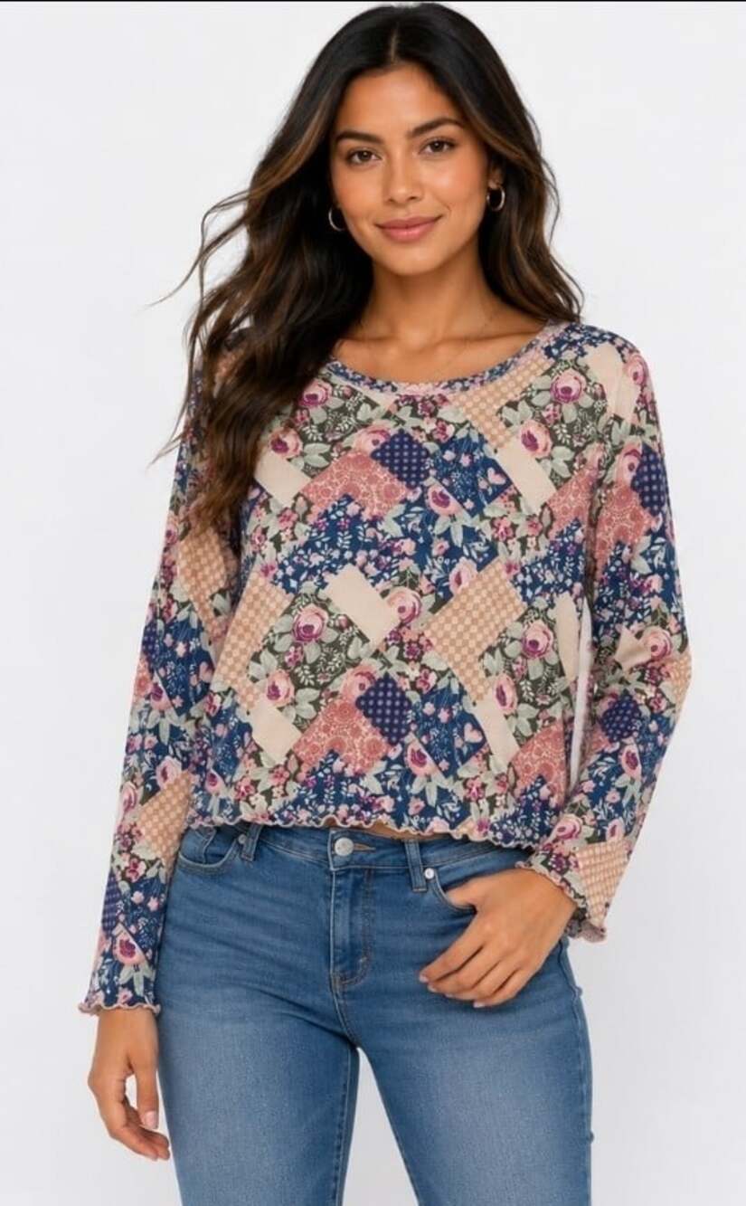 Vanilla Star Medium Floral Shear Patchwork Pattern Lettuce-Edge Hem NWT T90 New